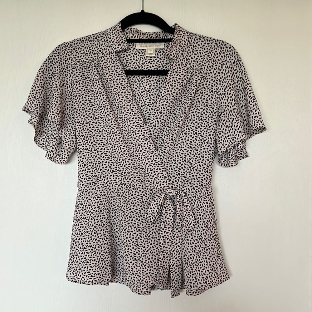 Monteau-Los Angeles S Faux Wrap Top with flutter sleeves and elastic waist